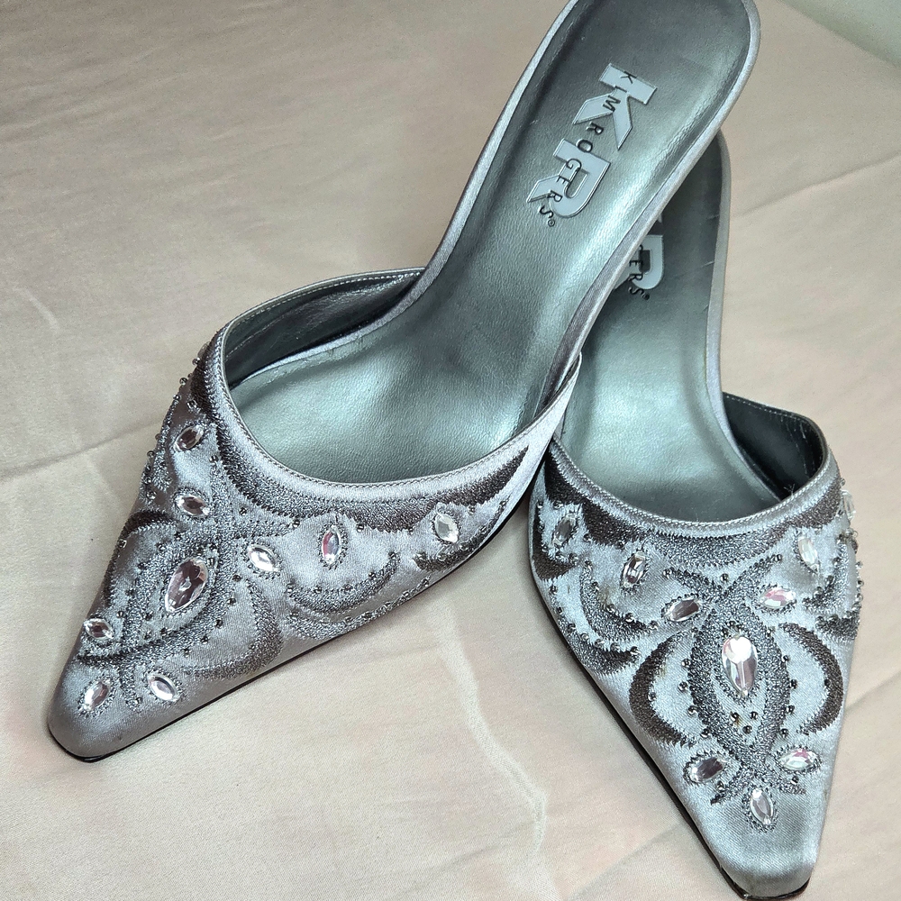Kim Rogers Silver Jeweled Pointed-Toe Mules - Picture 2 of 12
